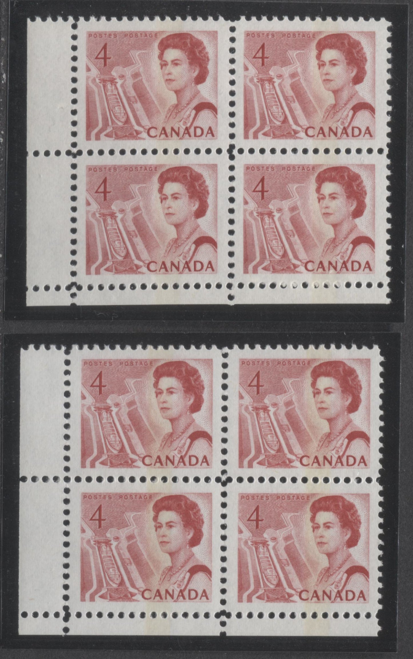 Lot 91 Canada #457pii 4c Light Carmine Rose Queen Elizabeth II, 1967-1973 Centennial Issue, 2 VFNH LL W1B Tagged Blank Blocks Of 4 On LF3 Paper With PVA Gum, Red On Light & Medium Violet Under UV