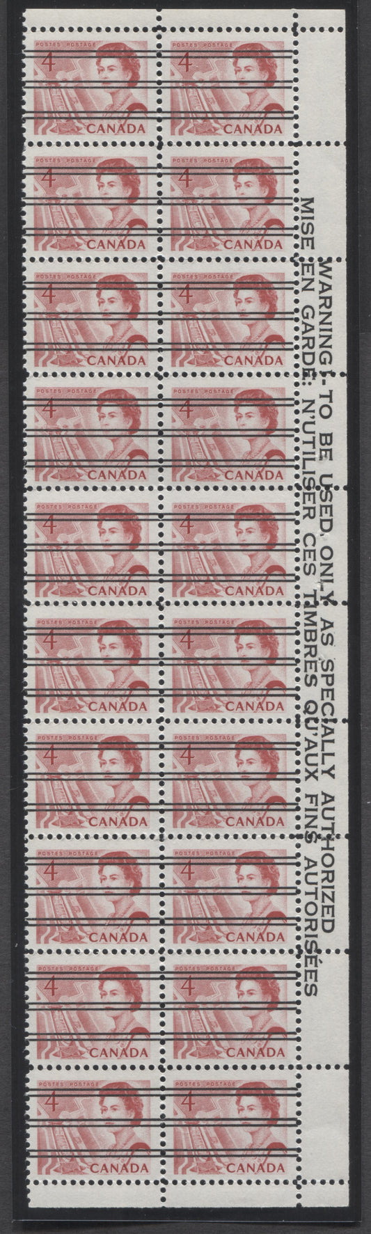 Lot 93 Canada #457xx 4c Light Carmine Rose Queen Elizabeth II, 1967-1973 Centennial Issue, A VFNH Right Margin Warning Strip Of 20 On Off-White DF2 Paper With Smooth Dex Gum, Red On Light Ivory Under UV, Unfolded