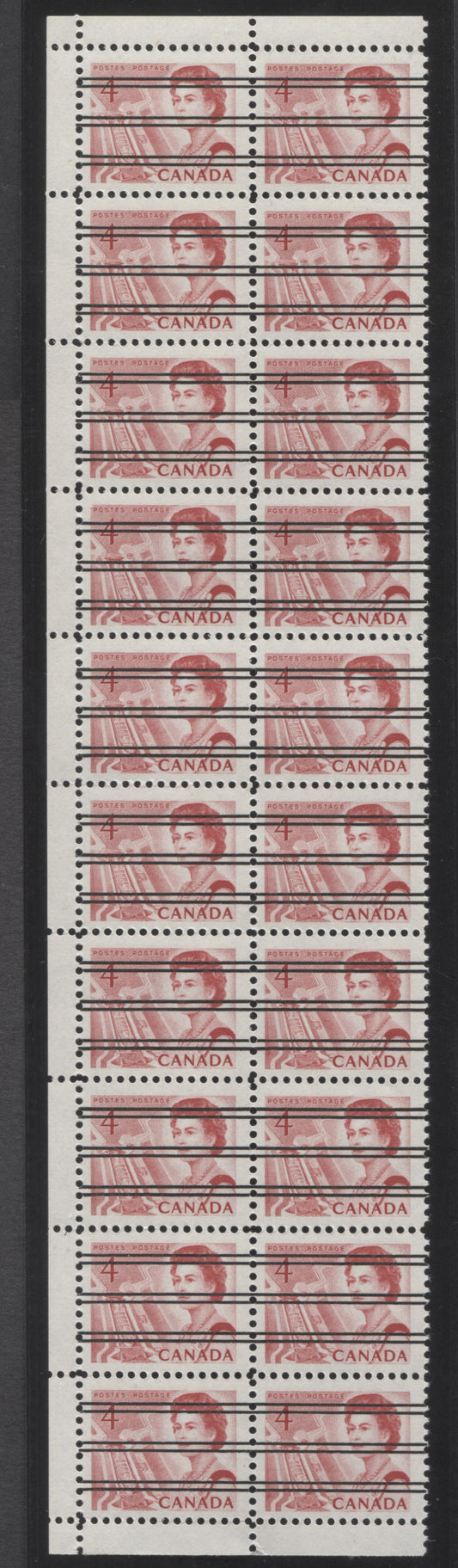 Lot 95 Canada #457xxi 4c Carmine Rose Queen Elizabeth II, 1967-1973 Centennial Issue, A VFNH Left Margin Warning Strip Of 20 On Off-White LF3 Paper With Smooth Dex, Dark Red On Blue Under UV, Unfolded, CBN Printing, No Warning Strip Writing In Selvedge