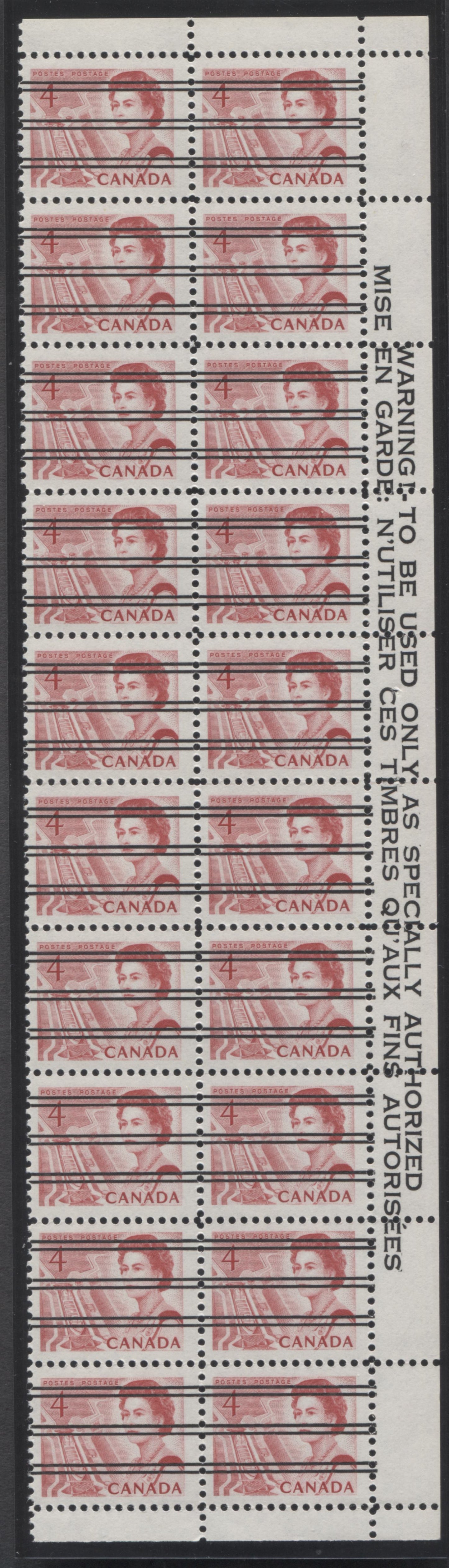 Lot 96 Canada #457xxi 4c Carmine Rose Queen Elizabeth II, 1967-1973 Centennial Issue, A VFNH Right Margin Warning Strip Of 20 On Off-White LF3 Paper With Smooth Dex, Dark Red On Blue Under UV, Unfolded