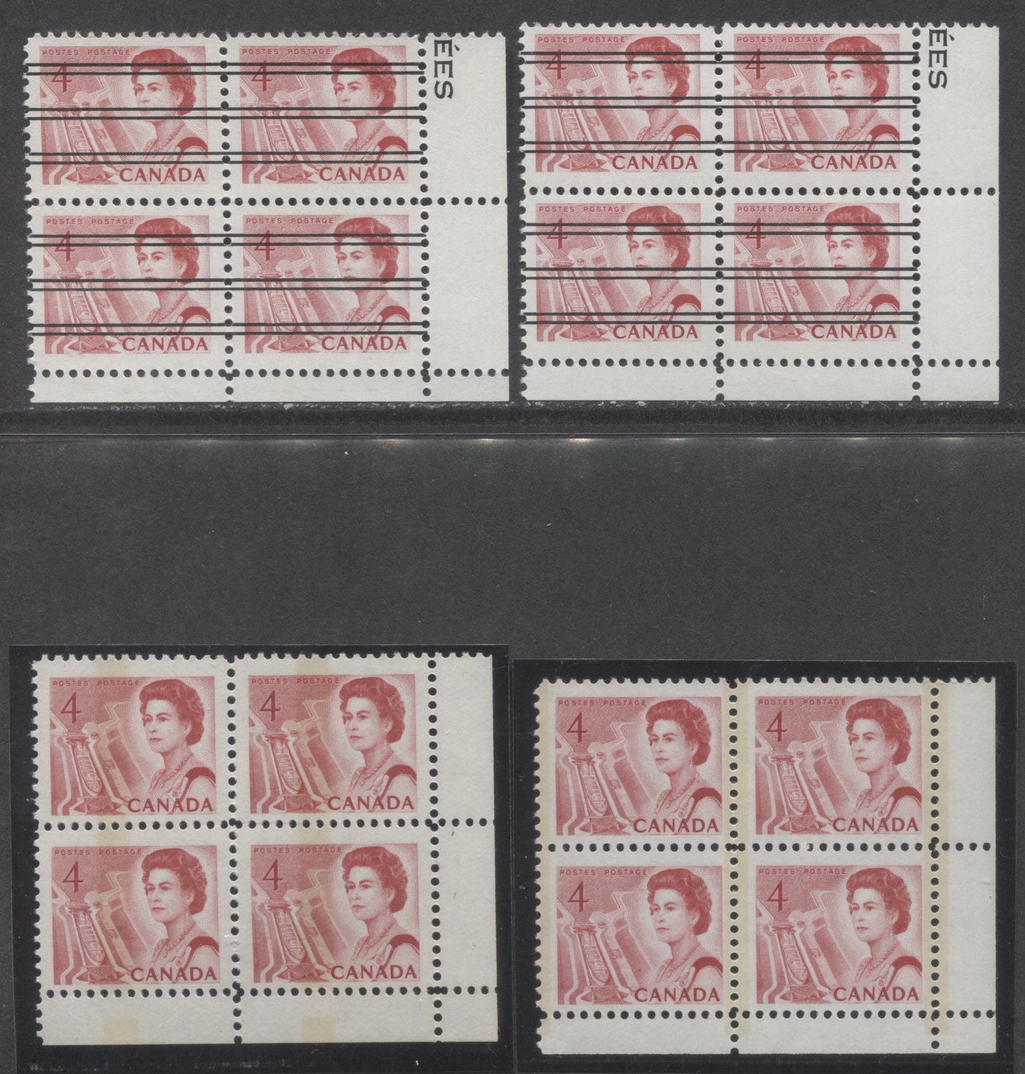 Lot 97 Canada #457pii,piv,xx,xxii 4c Light & Bright Carmine Rose Queen Elizabeth II, 1967-1973 Centennial Issue, 4 VFNH GT2 & W1C Tagged & Untagged Blank Blocks Of 4 On NF, DF1 & MF6 Papers With PVA & Smooth Dex Gums, Various Reds Under UV