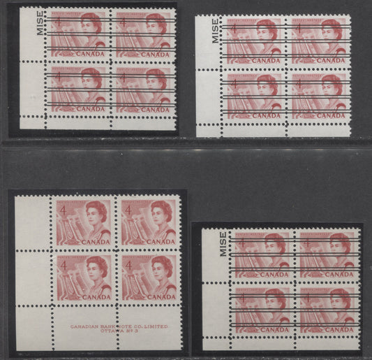 Lot 98 Canada #457,xx,xxii 4c Light Carmine Rose & Carmine Rose Queen Elizabeth II, 1967-1973 Centennial Issue, 4 VFNH LL Plate 3 & Blank Blocks Of 4 On NF & DF2 Papers With Streaky & Smooth Dex Gum, Red On Light Ivory/Light Gray/Brown Under UV