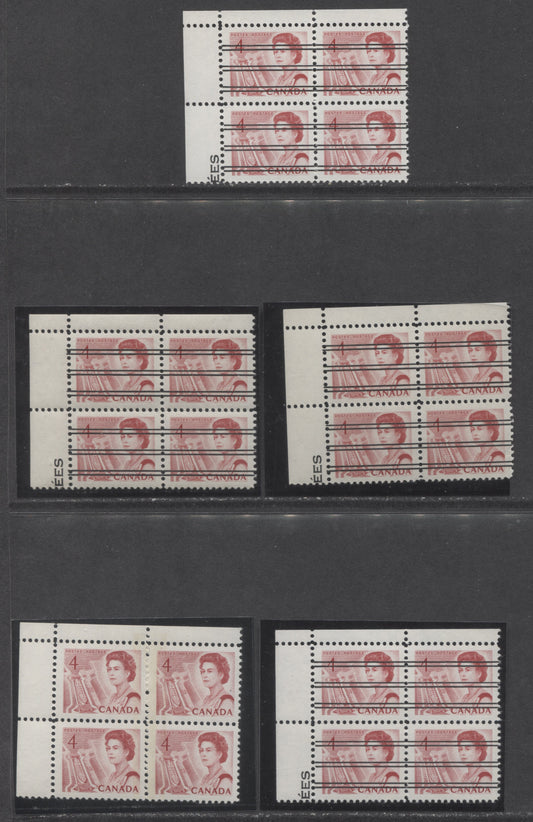 Lot 99 Canada #457xx,xxii,p 4c Light Carmine Rose Queen Elizabeth II, 1967-1973 Centennial Issue, 5 VFNH UL W1B Tagged & Untagged Blank Blocks Of 4 On NF, DF1 & DF2 Papers With Smooth & Streaky Dex Gums, Red On Light Ivory/Brown Under UV