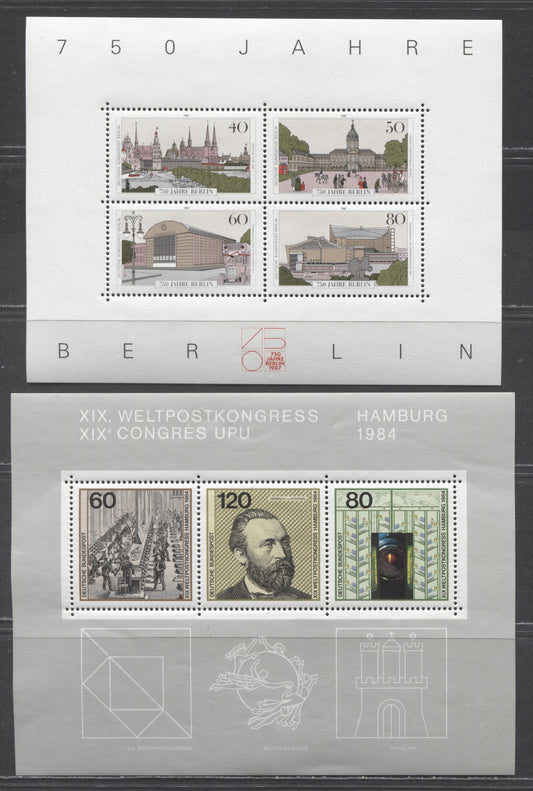 Germany Mi#Block 19 (1420)-Block 20 (1466) 1984-1986 UPU Congress & Historic Buildings Issues, 2 VFNH Souvenir Sheets, Click on Listing to See ALL Pictures, Estimated Value $8