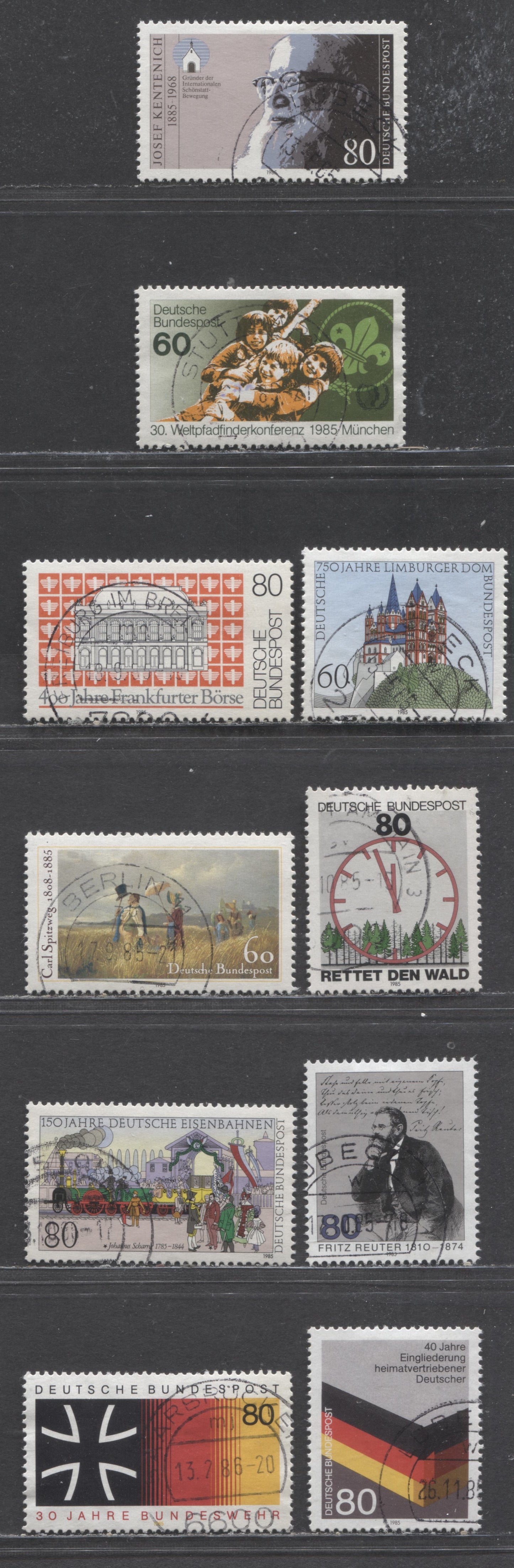 Germany Mi#1250 (1443)/1266 (1452) 1985 St. George's Cathedral & National Armed Forces, 10 Very Fine Used Singles, Click on Listing to See ALL Pictures, Estimated Value $5