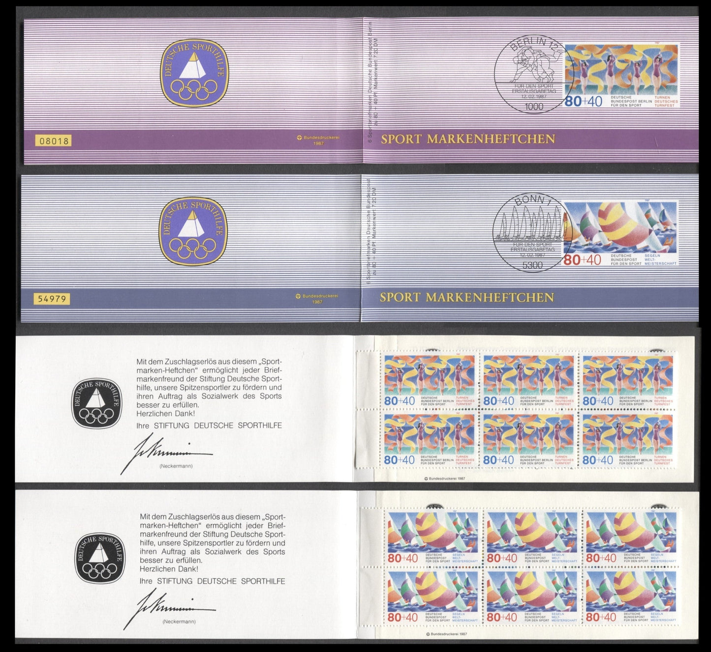 Germany SC#B652-B653(Mi#1310-1311var) 1987 National Sports Promotion Foundation Semi Postal Issue, Containing Panes Of 6 Of Each Value, , 2 VFNH Privately Produced Booklets, Click on Listing to See ALL Pictures, Estimated Value $25 USD