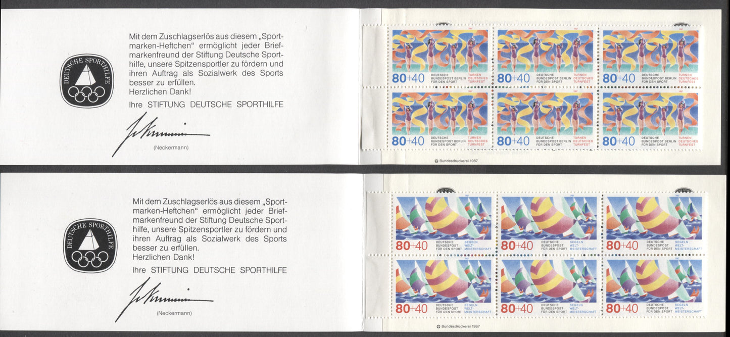 Germany SC#B652-B653(Mi#1310-1311var) 1987 National Sports Promotion Foundation Semi Postal Issue, Containing Panes Of 6 Of Each Value, , 2 VFNH Privately Produced Booklets, Click on Listing to See ALL Pictures, Estimated Value $25 USD