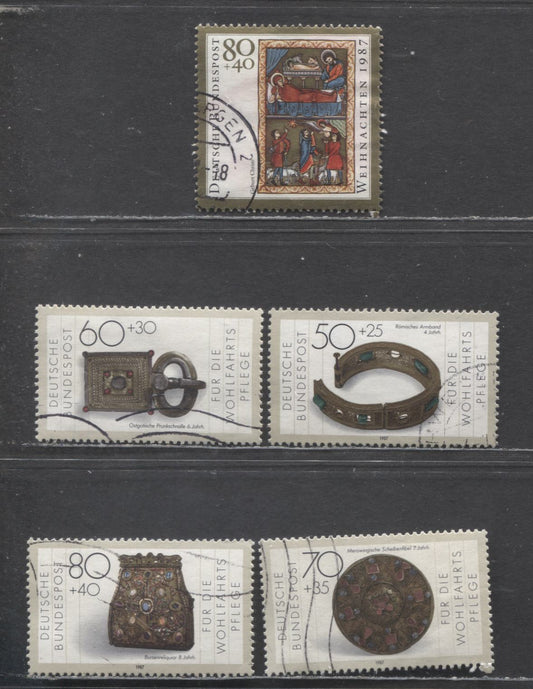 Germany SC#B658-B662(Mi#1333-1336, 1346) 1987 Gold And Silver Artifacts - Christmas Issues, 5 Very Fine Used Singles, Click on Listing to See ALL Pictures, Estimated Value $6 USD