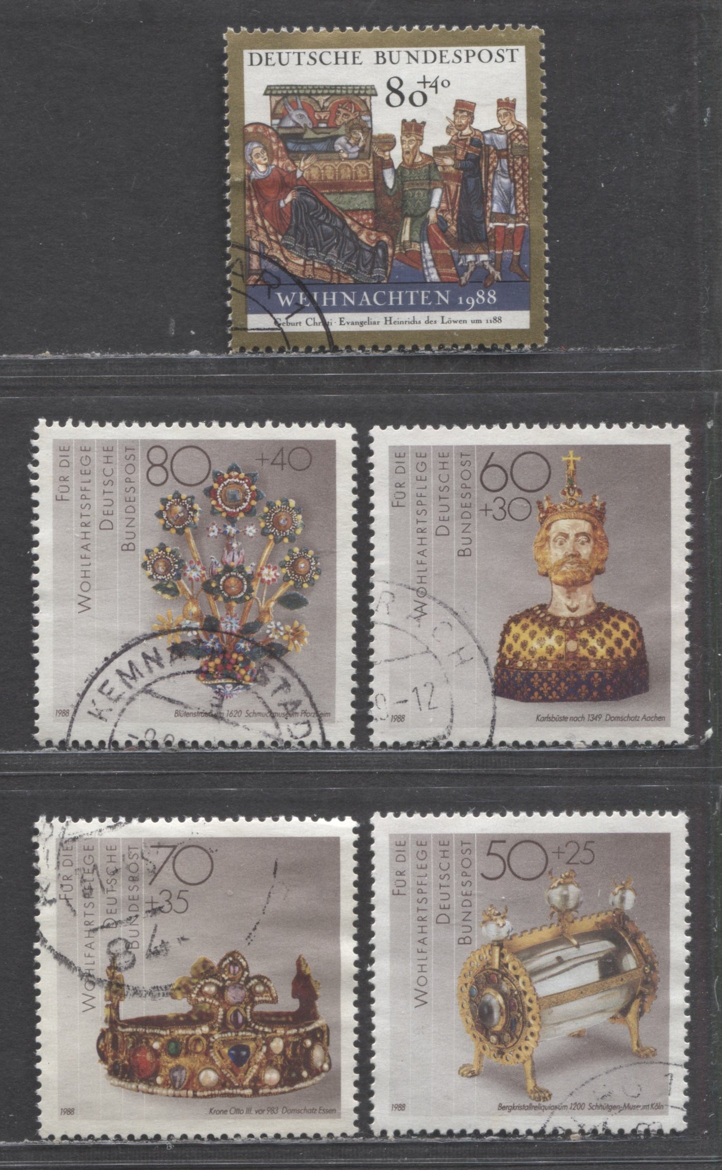 Germany SC#B670-B674(Mi#1383/1396) 1988 Gold/Silver Artifacts - Christmas Semi Postals Issues, 5 Very Fine Used Singles, Click on Listing to See ALL Pictures, Estimated Value $5 USD
