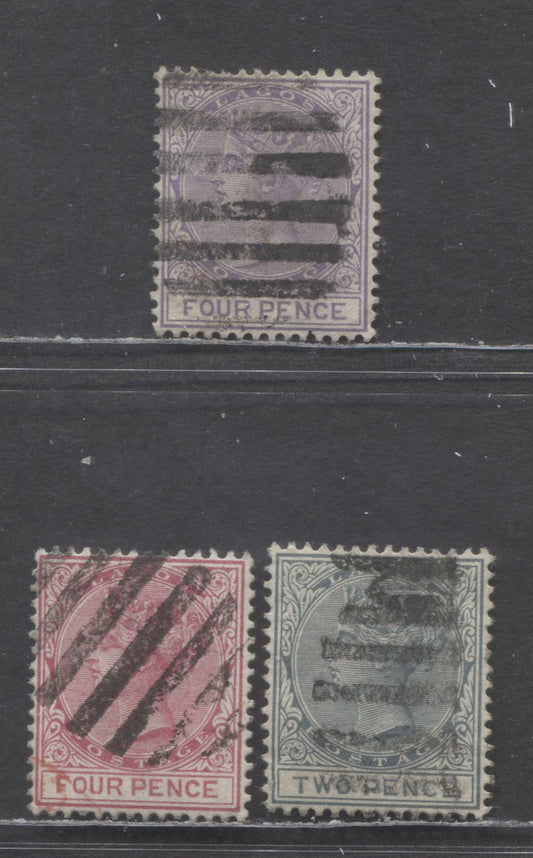 Lagos SC#17/23 1884-1886 Queen Victoria Issue, 2d Slate, 4d Rose & 4d Violet, Crown CA Wmks, 3 Fine Used Singles, Click on Listing to See ALL Pictures, Estimated Value $12