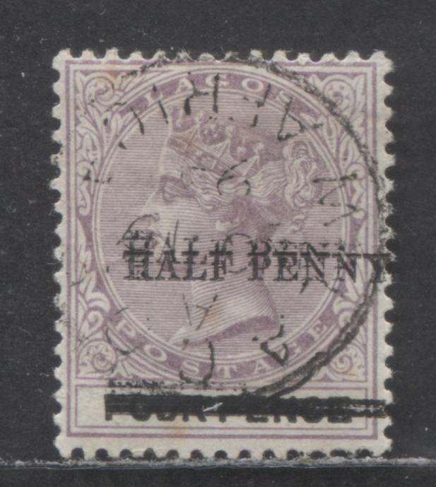 Lot 275 Lagos SC#39a 1/2p on 4p Lilac 1887-1901 Queen Victoria Issue, Double Surcharge, Some Foxing Spots On Back, A Fine Used Single, Click on Listing to See ALL Pictures, Estimated Value $30