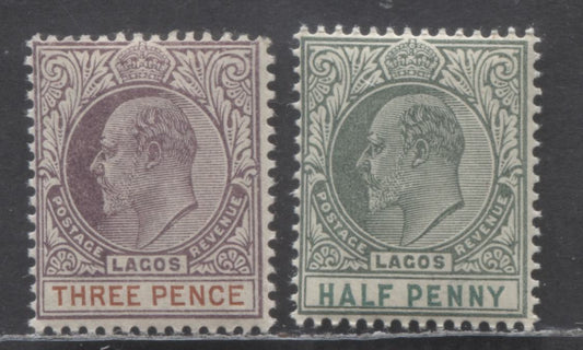 Lagos SC#40/44 1904 King Edward VII Issue, 1/2d & 3d Values, Crown CA Wmk, 2 F/VFNH Singles, Click on Listing to See ALL Pictures, Estimated Value $15