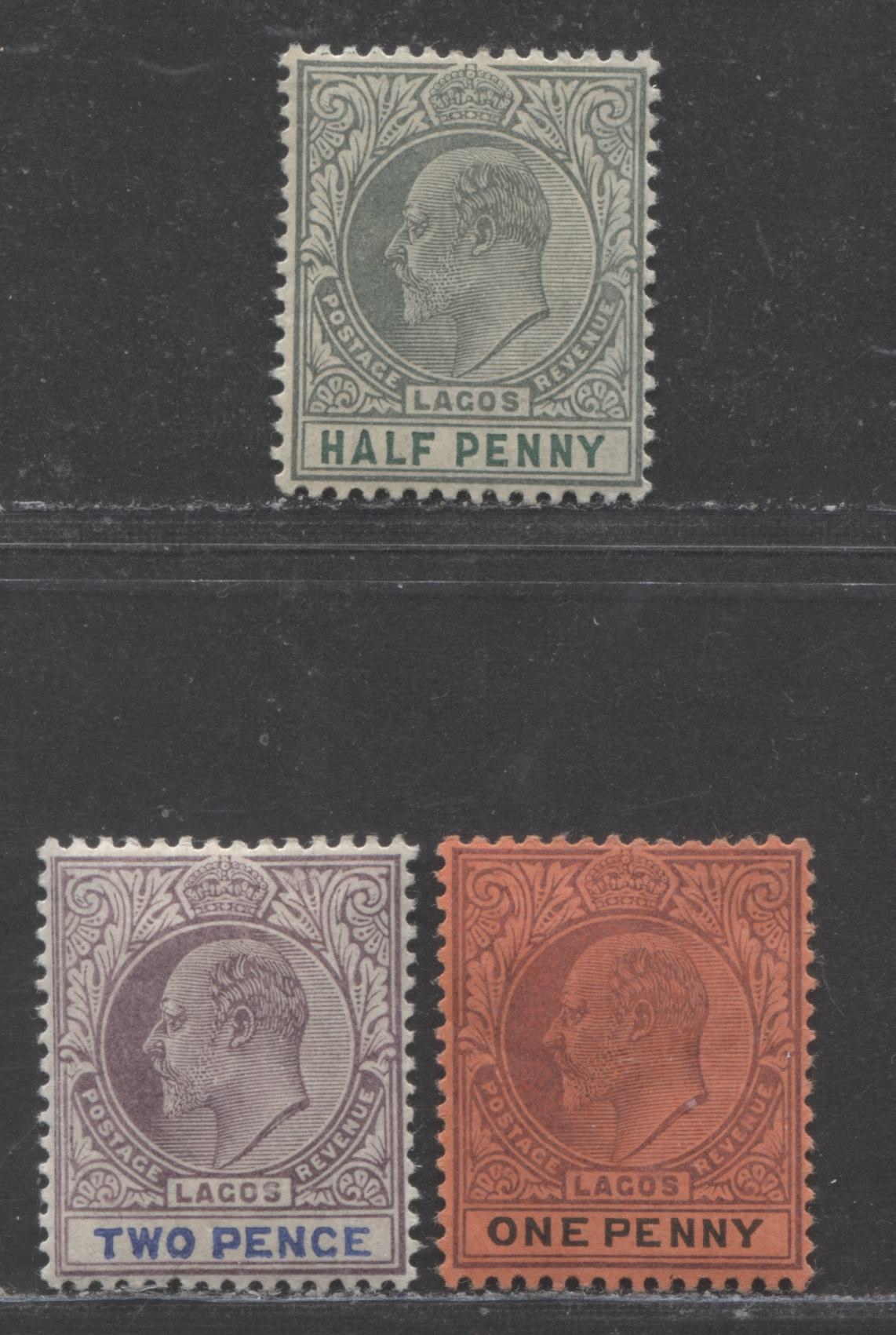 Lagos SC#50-52 1904 King Edward VII Issue, Multiple Crown CA Wmk, 3 VFOG Singles, Click on Listing to See ALL Pictures, 2017 Scott Cat. $28