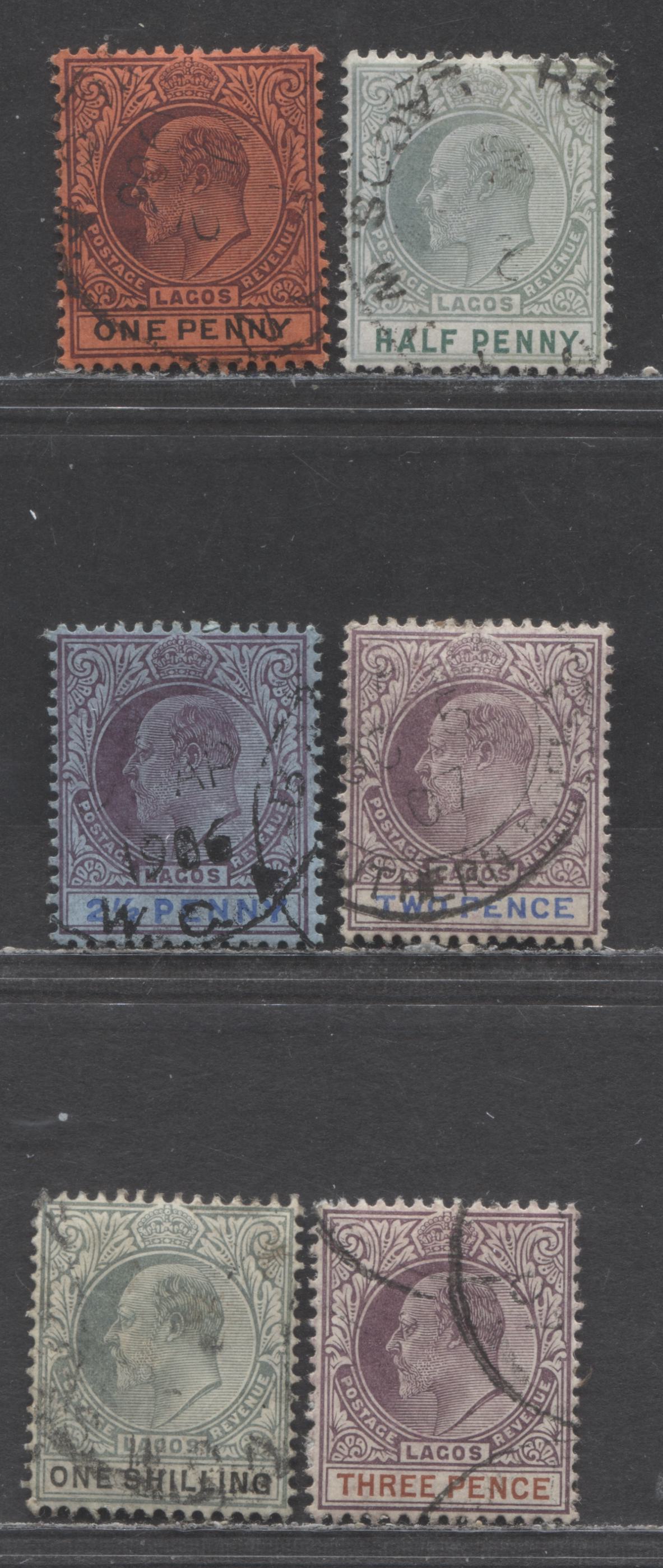 Lagos SC#50a-56a 1906 King Edward VII Issue, On Chalky Papers, Multiple Crown CA Wmk, 6 Fine/Very Fine Used Singles, Click on Listing to See ALL Pictures, Estimated Value $35