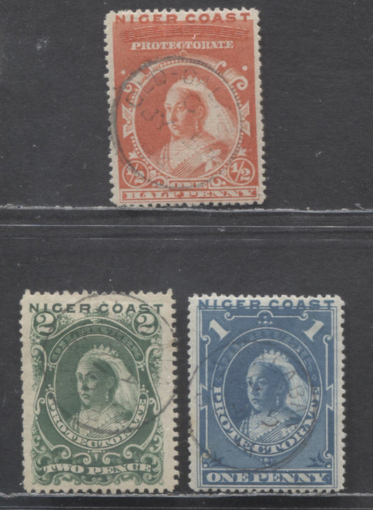 Lot 116 Niger Coast Protectorate SC#37-39 1893 Obliterated Oil Rivers Issue, On Vertical Wove Papers, Unwatermarked, 3 Very Fine Used Singles, Click on Listing to See ALL Pictures, 2017 Scott Cat. $36.25
