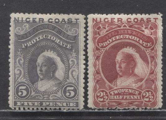 Niger Coast Protectorate SC#40-41 1893 Obliterated Oil Rivers Issue, On Vertical Wove Papers, 2.5d Lake & 5d Gray Lilac, Unwatermarked, 2 FOG Singles, Click on Listing to See ALL Pictures, Estimated Value $22