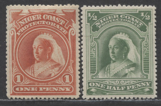 Niger Coast Protectorate SC#43-44 1894 Obliterated Oil Rivers Issue, Unwatermarked, 2 F/VFOG Singles, Click on Listing to See ALL Pictures, 2017 Scott Cat. $20.5