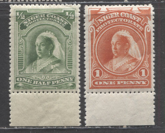 Niger Coast Protectorate SC#55a,56 1/2d Green, 1d Vermillion 1897-1898 Queen Victoria Issue, With crown CA Watermark, 2 F/VF NH Singles, Click on Listing to See ALL Pictures, Estimated Value $30 USD