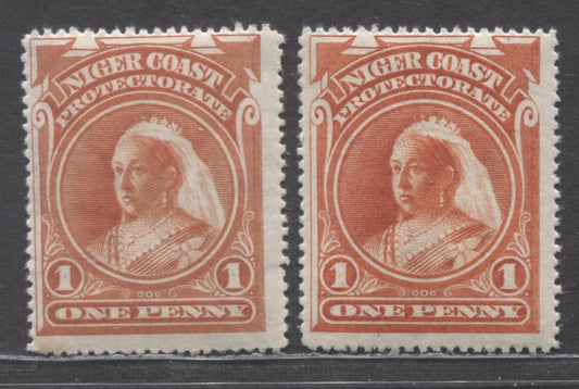 Niger Coast Protectorate SC#56 var(SG#67c) 1d Dull Orange And Orange Vermillion Shades 1897-1898 Queen Victoria Issue, With Perf 15 1/2 - 16, 2 FOG Singles, Click on Listing to See ALL Pictures, Estimated Value $15 USD