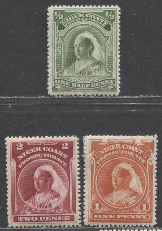 Niger Coast Protectorate SC#55-57 1/2d Yellow Green - 2d Carmine Lake 1897-1898 Queen Victoria Issue, With crown CA Watermark, 3 F/VF OG Singles, Click on Listing to See ALL Pictures, Estimated Value $12 USD