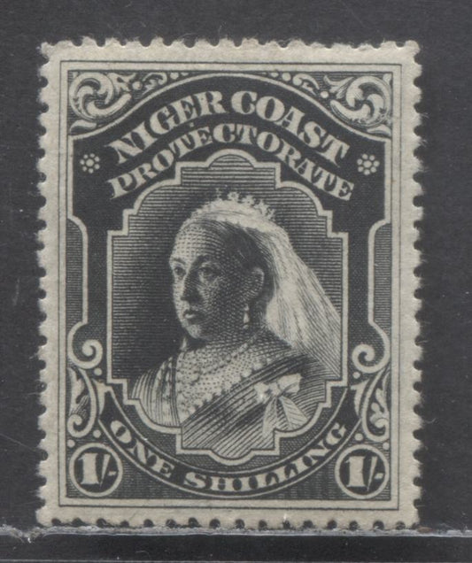 Niger Coast Protectorate SC#61 1/- Black 1897-1898 Queen Victoria Issue, With crown CA Watermark, A VFOG Single, Click on Listing to See ALL Pictures, 2022 Scott Classic Cat. $17.5 USD