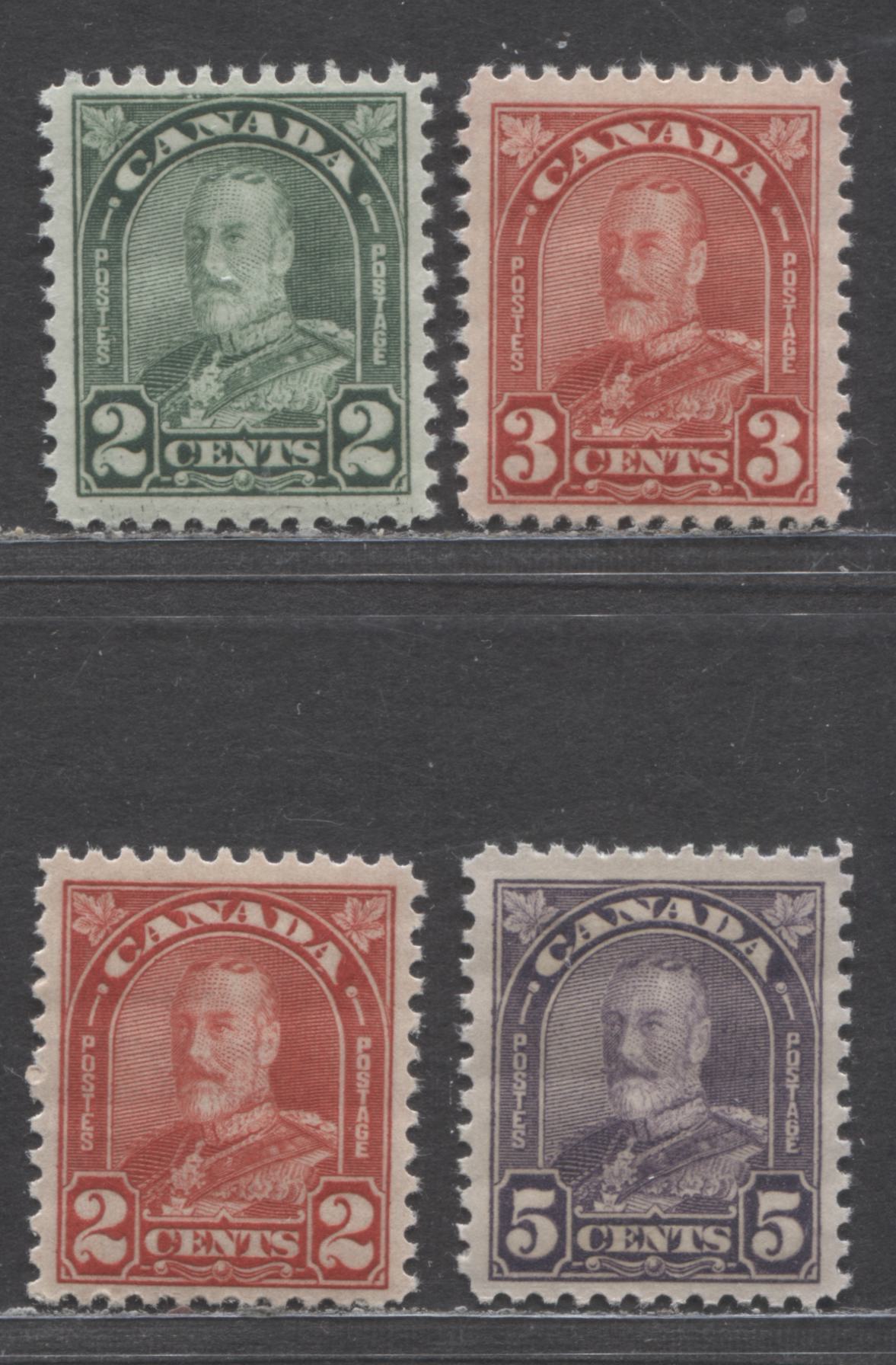 Lot 117 Canada #164, 165, 167, 169 2c Dull Green / 5c Dull Violet, 1930 King George V Arch/Leaf Issue, 4 VFNH Singles 2c Is Die 1 Printing, 5c Is Rotary Printing