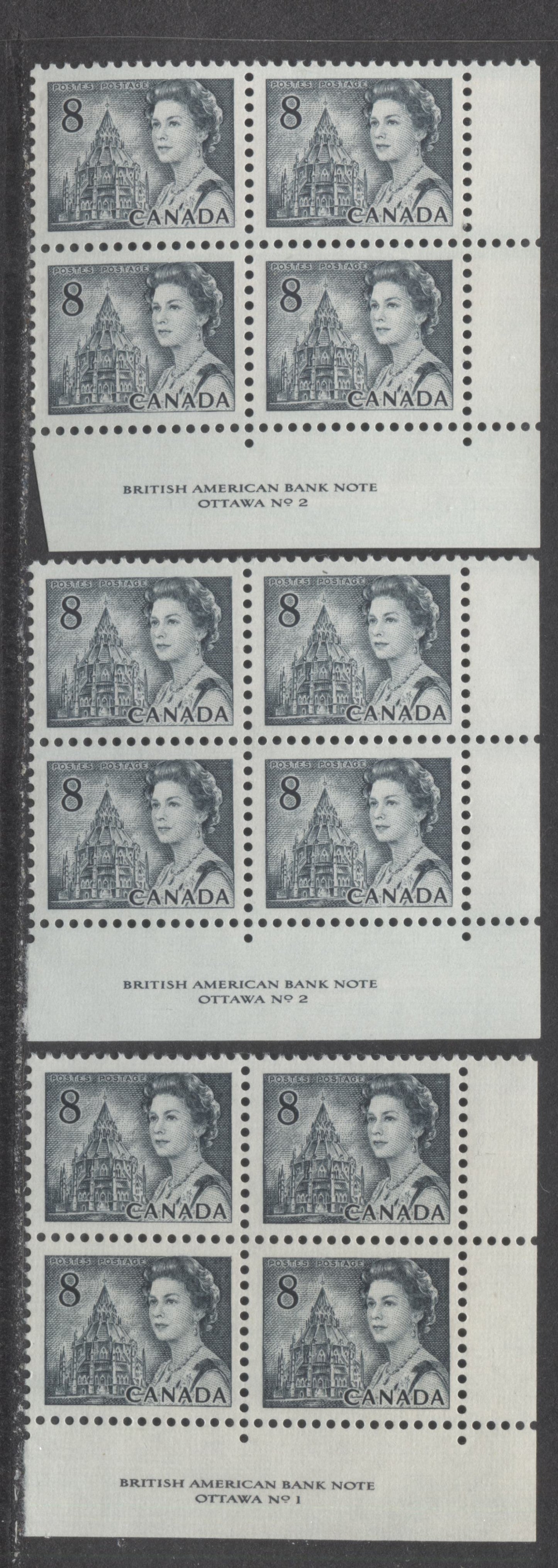 Lot 44 Canada #544 8c Slate Queen Elizabeth II, 1967-1973 Centennial Issue, 3 VFNH LR Plates 1-2 Blocks Of 4 On DF1 & DF2 Papers With Smooth Dex Gum, Black On Gray/Light Gray Under UV, Carackly and Smooth Dex Gums