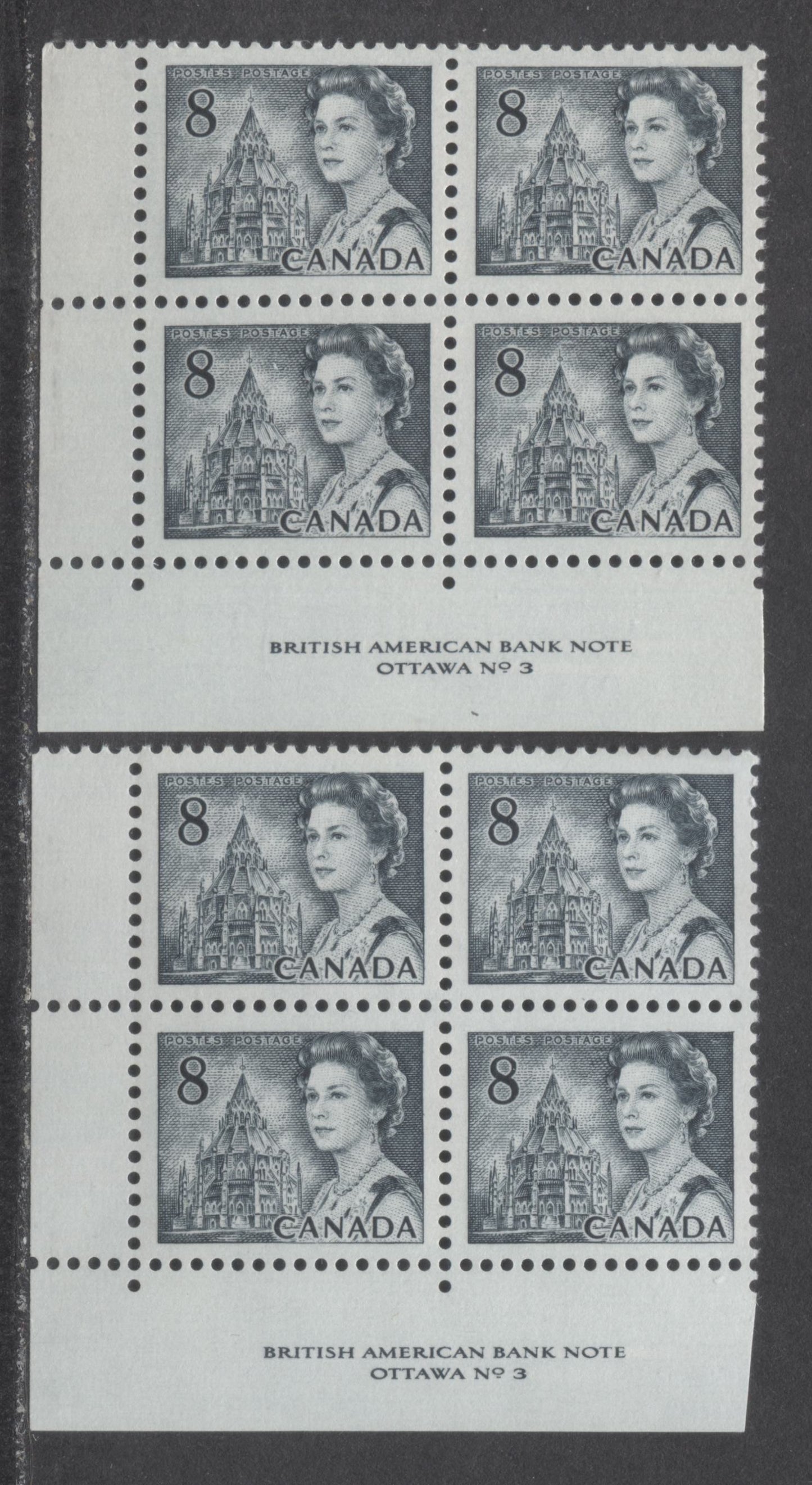 Lot 48 Canada #544v 8c Light Slate Queen Elizabeth II, 1967-1973 Centennial Issue, 2 VFNH LL Plate 3 Blocks Of 4 On DF1 & DF2 Smooth Papers With Smooth Dex Gum, Black On Light Gray Under UV