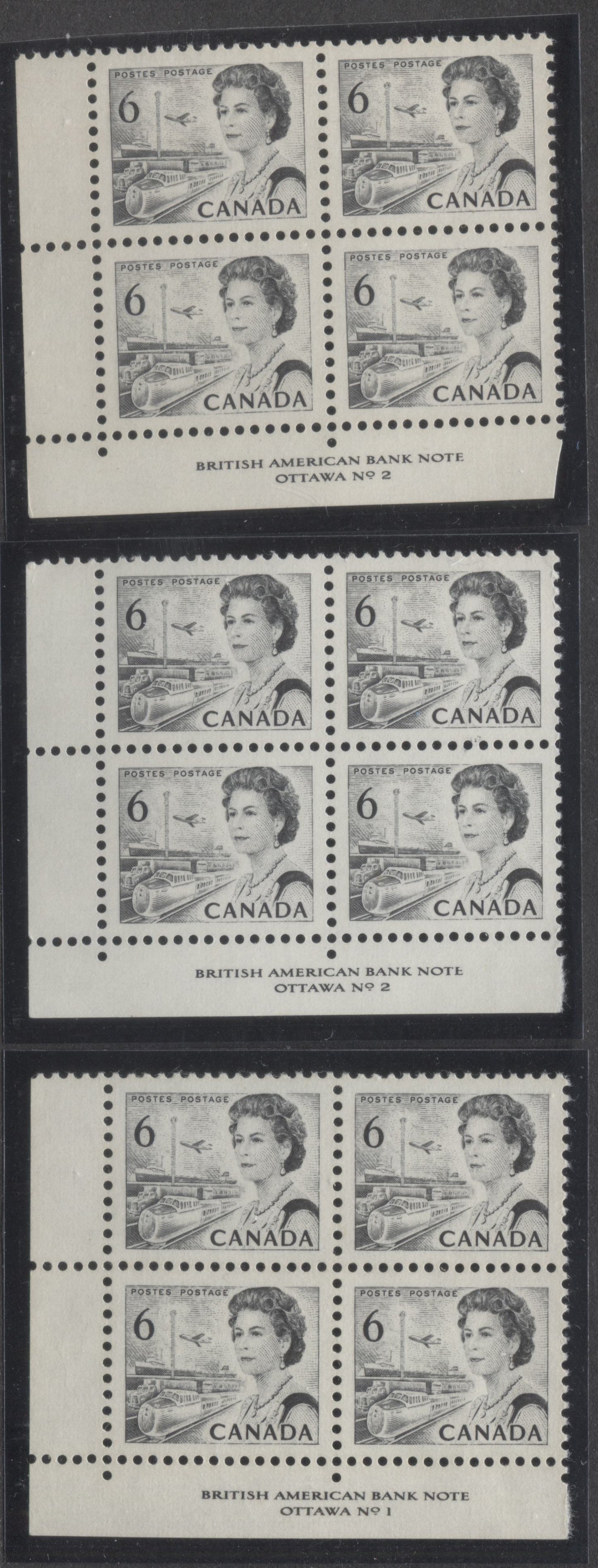 Lot 5 Canada #460 6c Gray Black & Black Queen Elizabeth II, 1967-1973 Centennial Issue, 3 VFNH LL Plates 1-2 Blocks Of 4 On Off White DF1 & DF1-fl Papers With Smooth Dex Gum, Black On Light Brown/Light Violet Under UV, Die 1