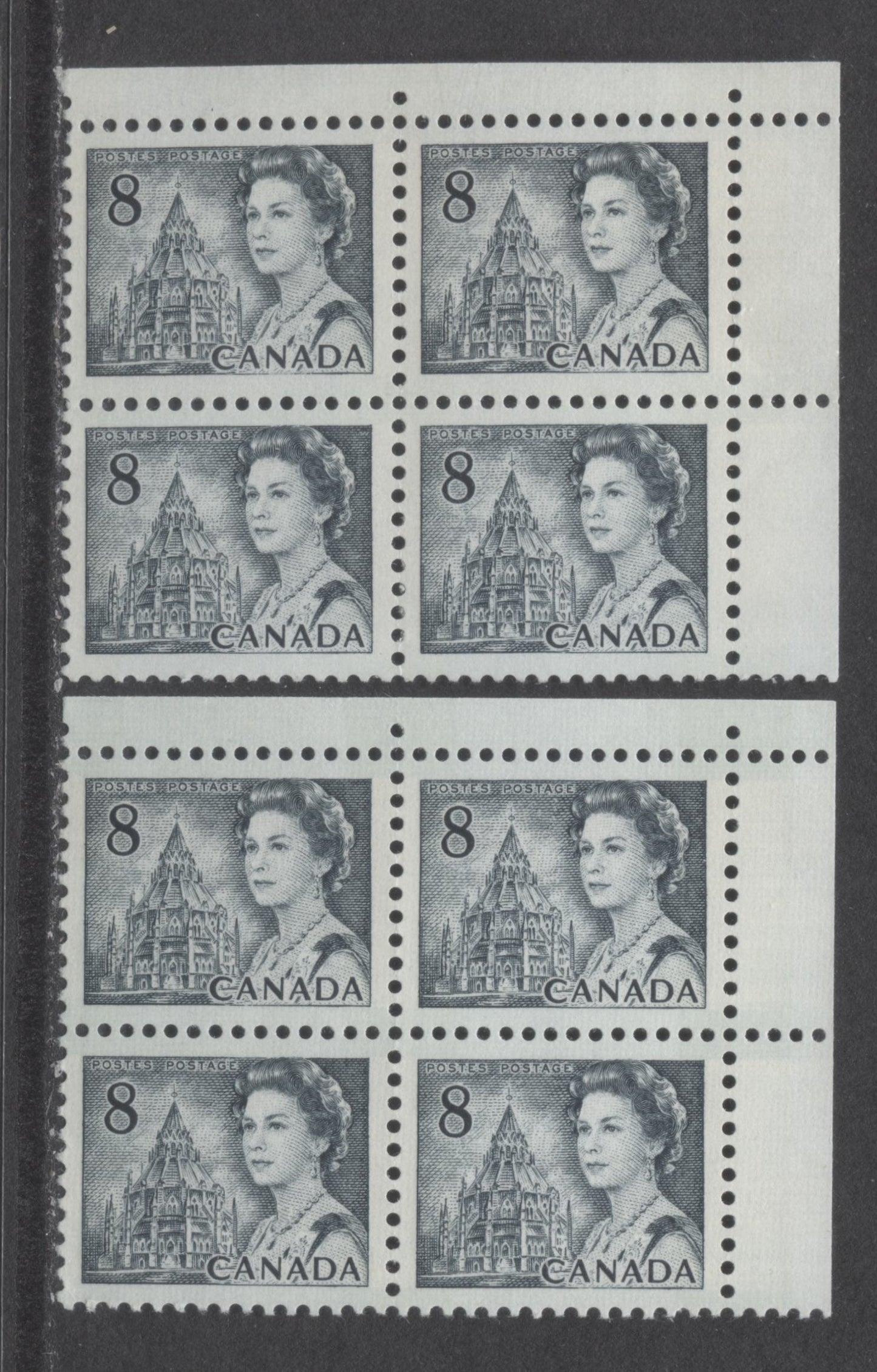 Lot 51 Canada #544p 8c Light Slate Queen Elizabeth II, 1967-1973 Centennial Issue, 2 VFNH UR W2B Tagged Blank Blocks Of 4 On Off White DF1 & LF3 Papers With Smooth Dex Gum, Black On Dark Gray Under UV, Brighter Bluish White Tag