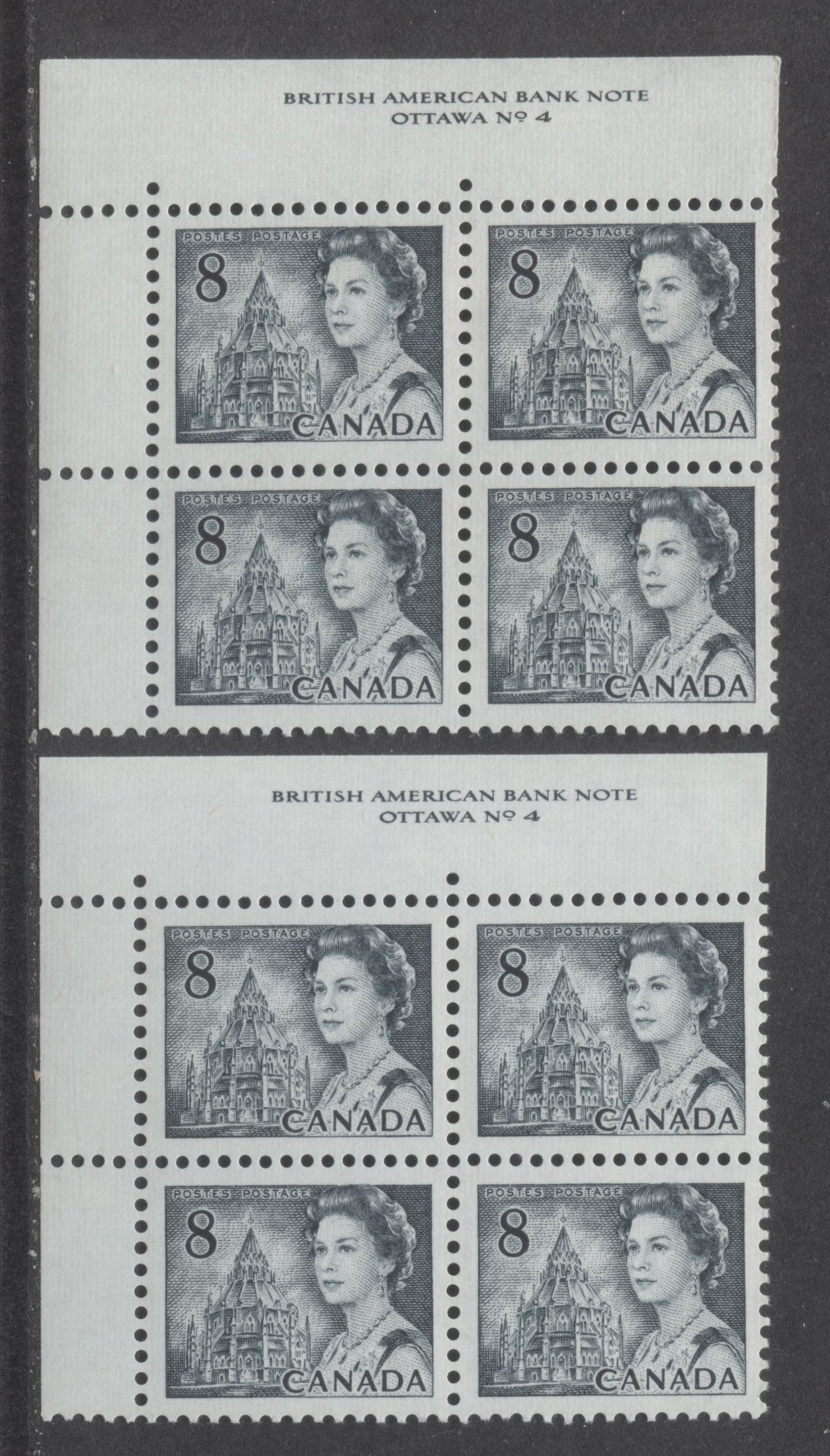 Lot 52 Canada #544ii 8c Light Slate Queen Elizabeth II, 1967-1973 Centennial Issue, 2 VFNH UL Plate 4 Blocks Of 4 On White LF3 Papers With PVA Gum, Black On Light & Darker Violet Under UV