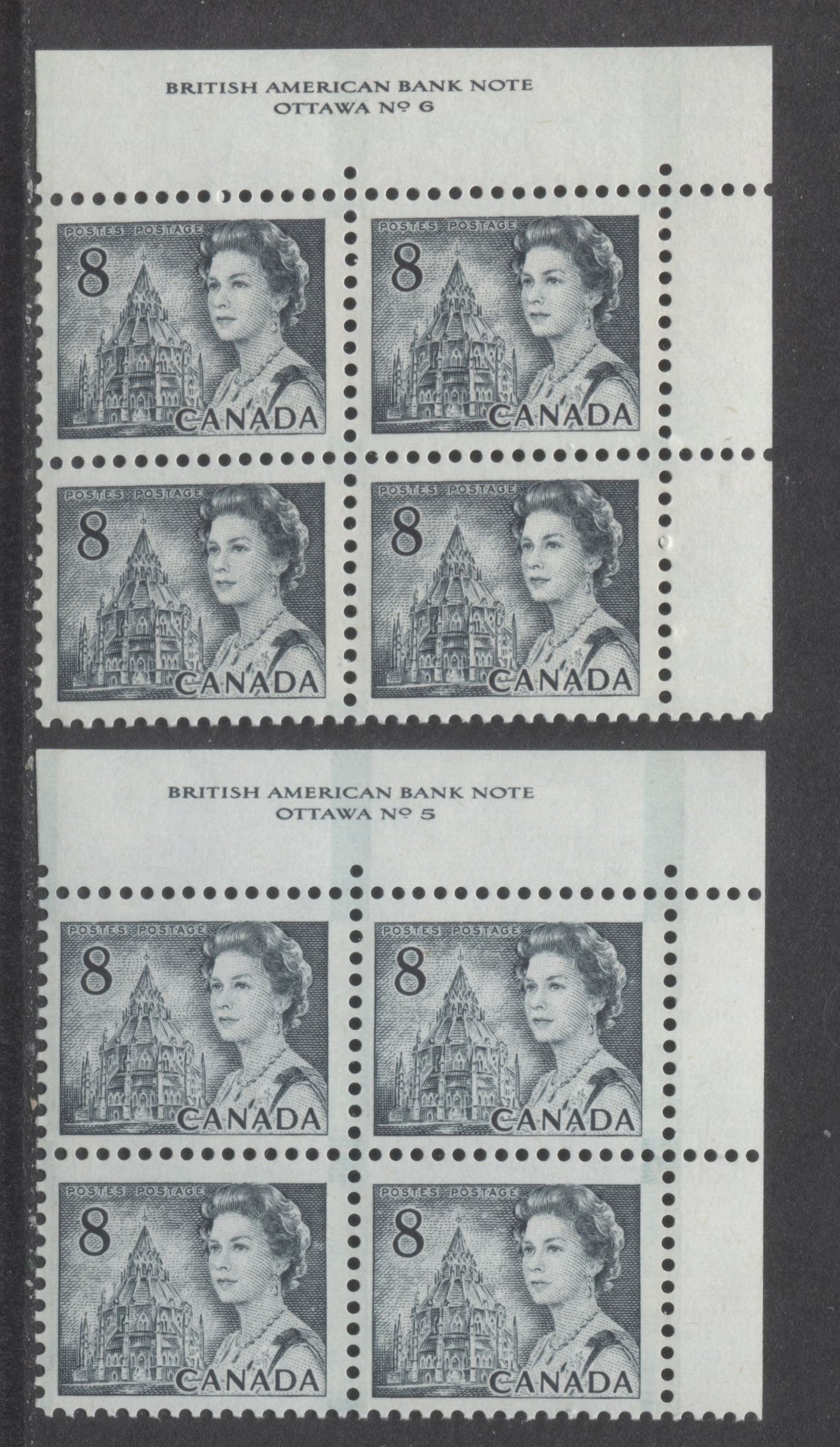 Lot 59 Canada #544p,pv 8c Gray Queen Elizabeth II, 1967-1973 Centennial Issue, 2 VFNH UR GT2 Tagged Plate 5-6 Blocks Of 4 On LF3-fl Papers With PVA Gum, Black On Violet Blue/Gray Violet Under UV