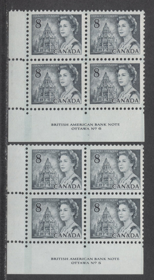 Lot 60 Canada #544pv 8c Gray Queen Elizabeth II, 1967-1973 Centennial Issue, 2 VFNH LL GT2 Tagged Plate 5-6 Blocks Of 4 On LF3-fl Papers With PVA Gum, Black On Violet Blue/Gray Violet Under UV