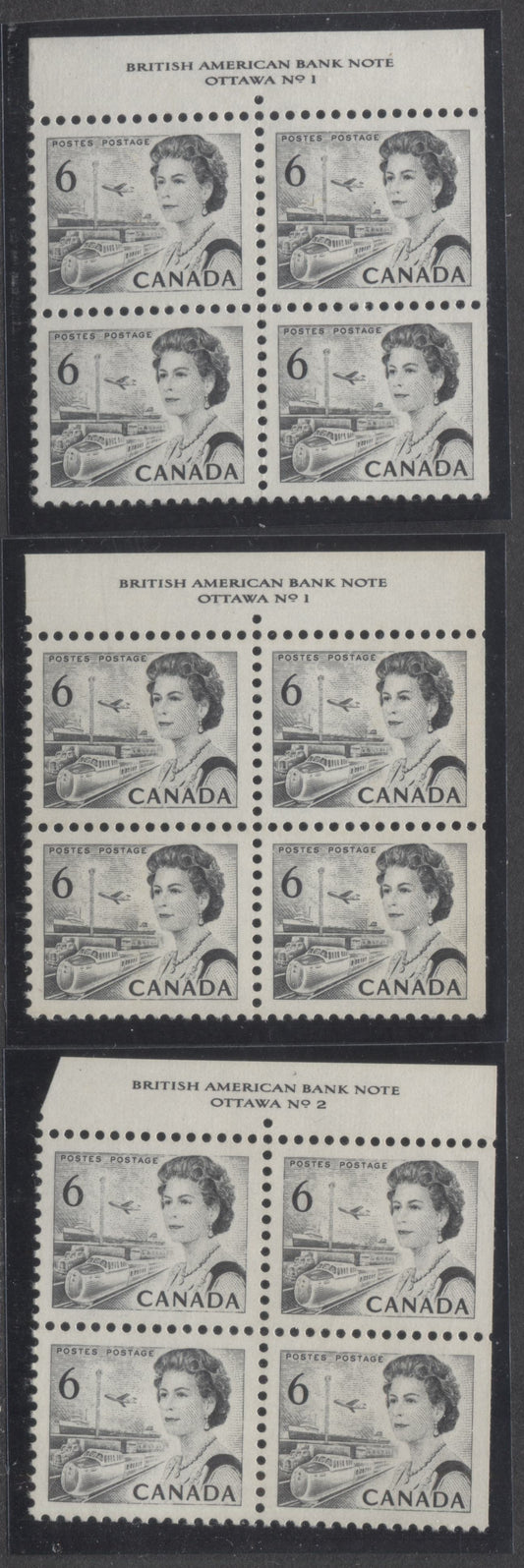 Lot 6 Canada #460 6c Gray Black Queen Elizabeth II, 1967-1973 Centennial Issue, 3 VFNH UR Plates 1-2 Blocks Of 4 On Off White DF1 & DF1-fl Papers With Smooth Dex Gum, Black On Light Brown/Off White Under UV, Die 1