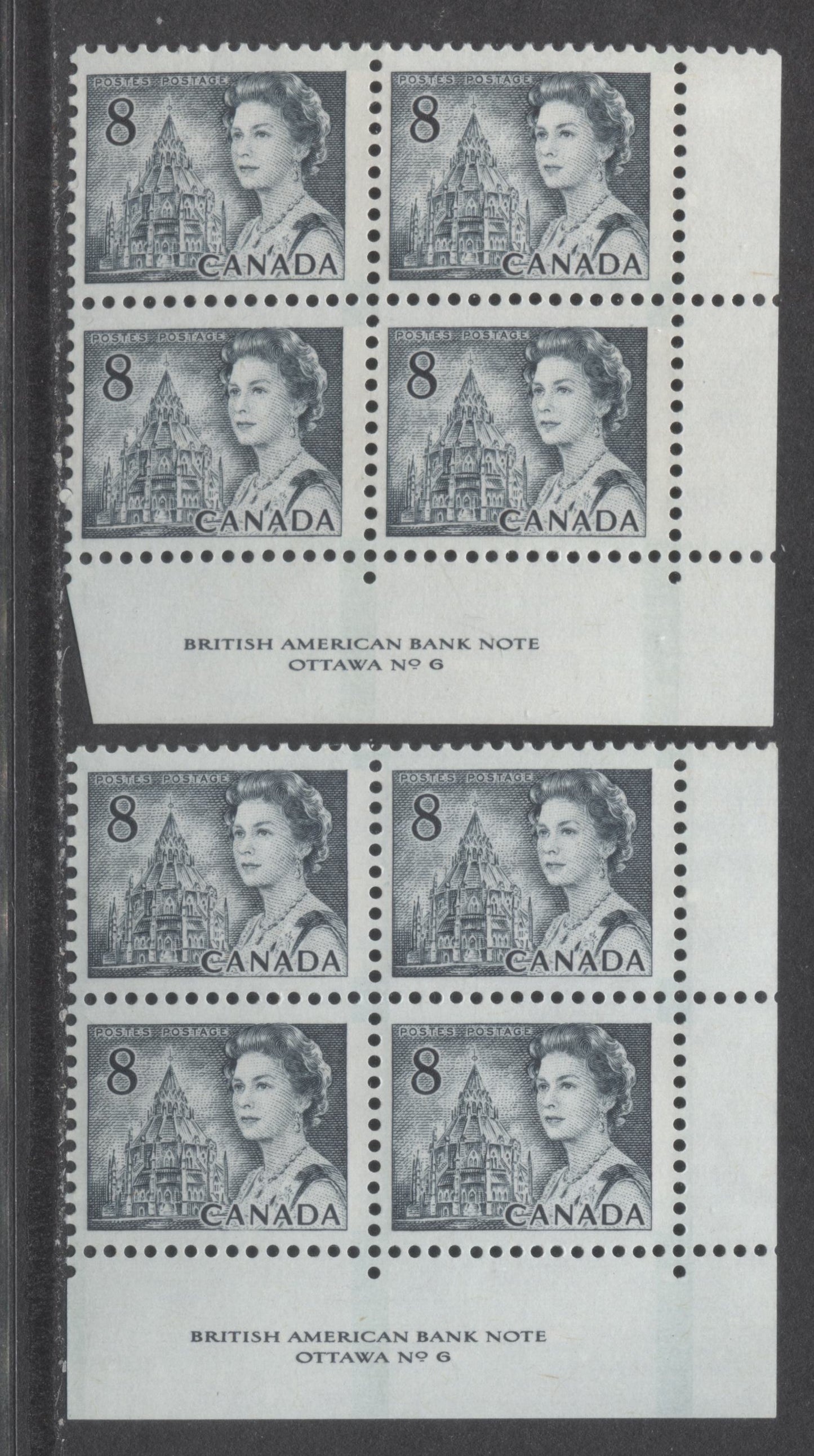 Lot 61 Canada #544pv 8c Gray Queen Elizabeth II, 1967-1973 Centennial Issue, 2 VFNH LR GT2 Tagged Plate 6 Blocks Of 4 On LF3 Papers With PVA Gum, Black On Violet/Gray Violet Under UV