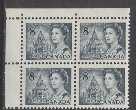 Lot 68 Canada #544pvii 8c Slate Queen Elizabeth II, 1967-1973 Centennial Issue, A VFNH UL GT2 Tagged Blank Block Of 4 On HF-9 Vertically Ribbed Paper With PVA Gum, Black On Light Blue Under UV