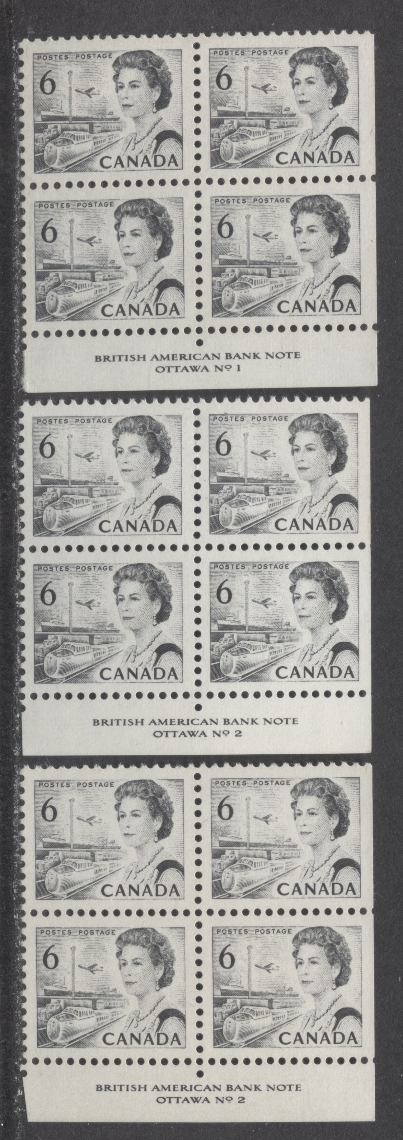 Lot 7 Canada #460 6c Gray Black & Black Queen Elizabeth II, 1967-1973 Centennial Issue, 3 VFNH LR Plates 1-2 Blocks Of 4 On Off White DF1 Papers With Smooth Dex Gum, Black On Light Brown/Light Violet/Cream Under UV, Die 1