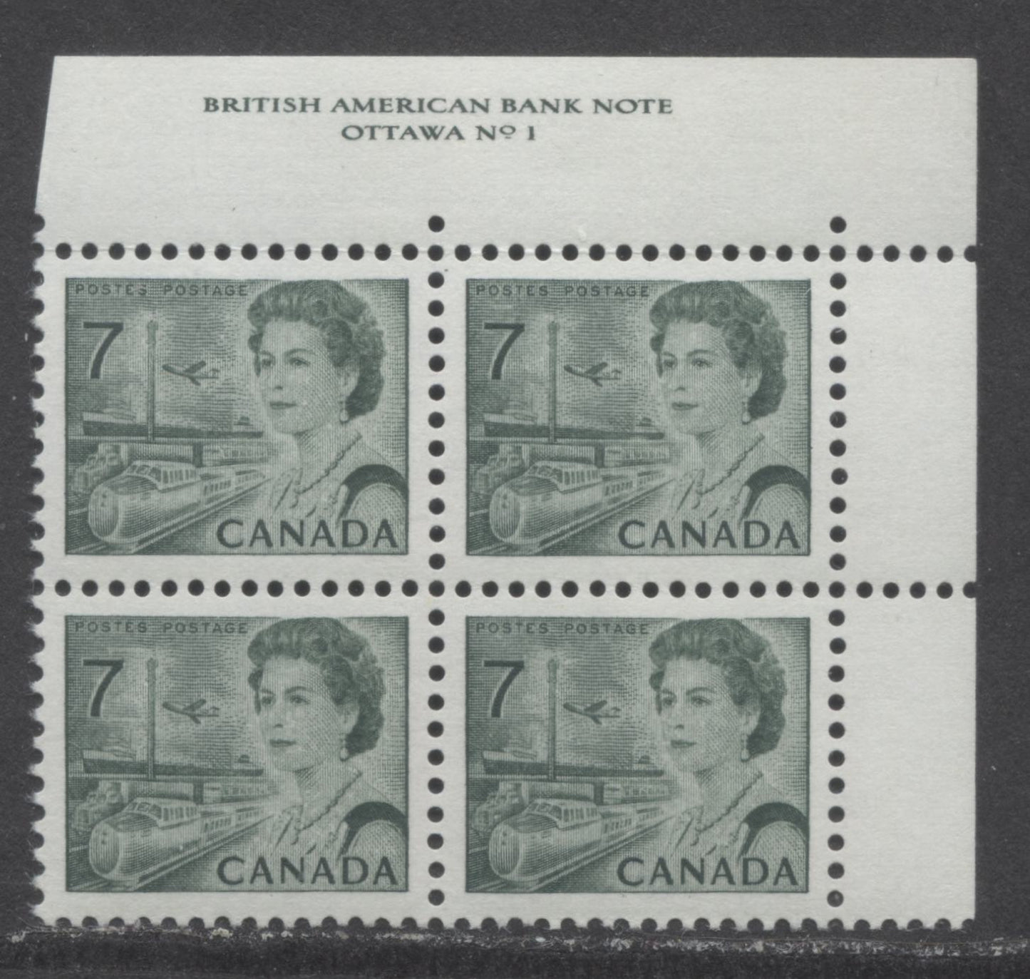 Lot 73 Canada #543 7c Dark Green Queen Elizabeth II, 1967-1973 Centennial Issue, A VFNH UR Plate 1 Block Of 4 On Off-White DF1 Paper With Smooth Dex Gum, Dark Green On Ivory Under UV