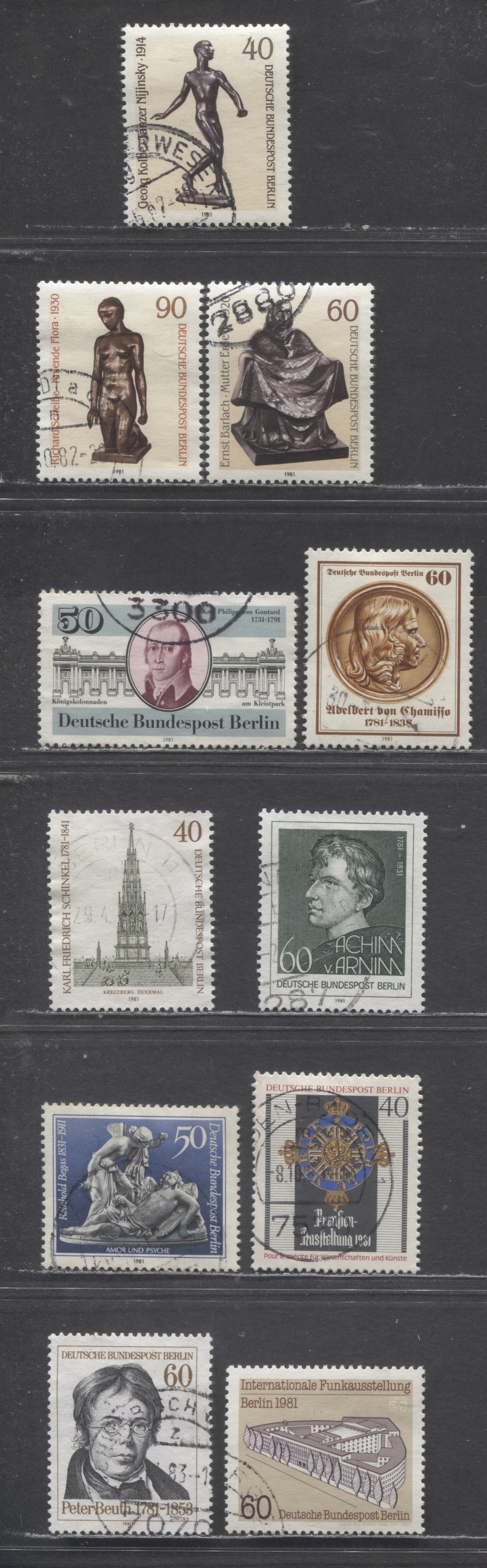 Lot 98 Berlin - Germany SC#9N460-9N470(Mi#637/657) 1981 Commemorative Issues (Von Gontard - Sculptures), 11 Very Fine Used Singles, Click on Listing to See ALL Pictures, Estimated Value $9 USD