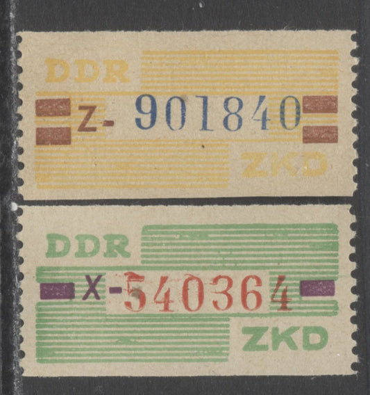 German Democratic Republic Mi#24x,25z 10pf Green, Red & Violet, 20pf Yellow, Red Brown & Lilac Ultramarine 1959 Official Coils Issue, Original Printing For Leipzig And Reprint For Chemnitz, 2 VFNH Singles,  Estimated Value $25 USD