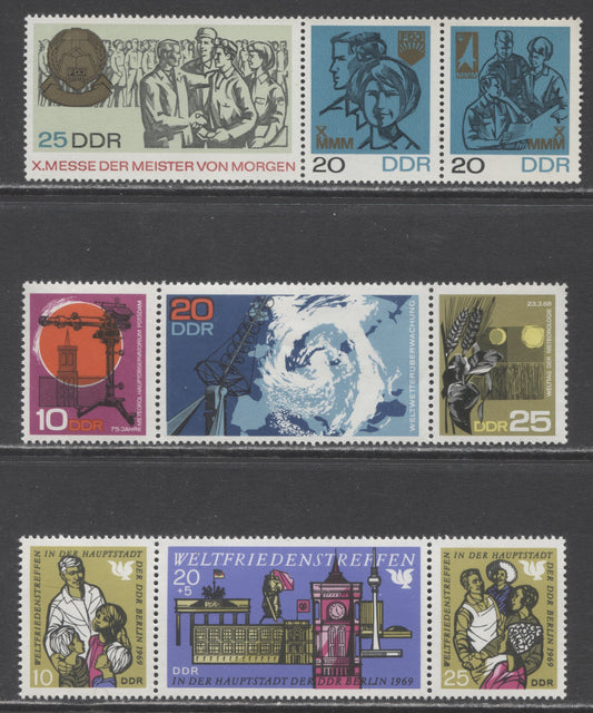 German Democratic Republic Mi#1320 (965a)/1480 (1118a) 1967-1969 International Peace & 10th Masters Of Tomorrow Fair Issues, 3 VFNH Strips Of 3, Click on Listing to See ALL Pictures, Estimated Value $15