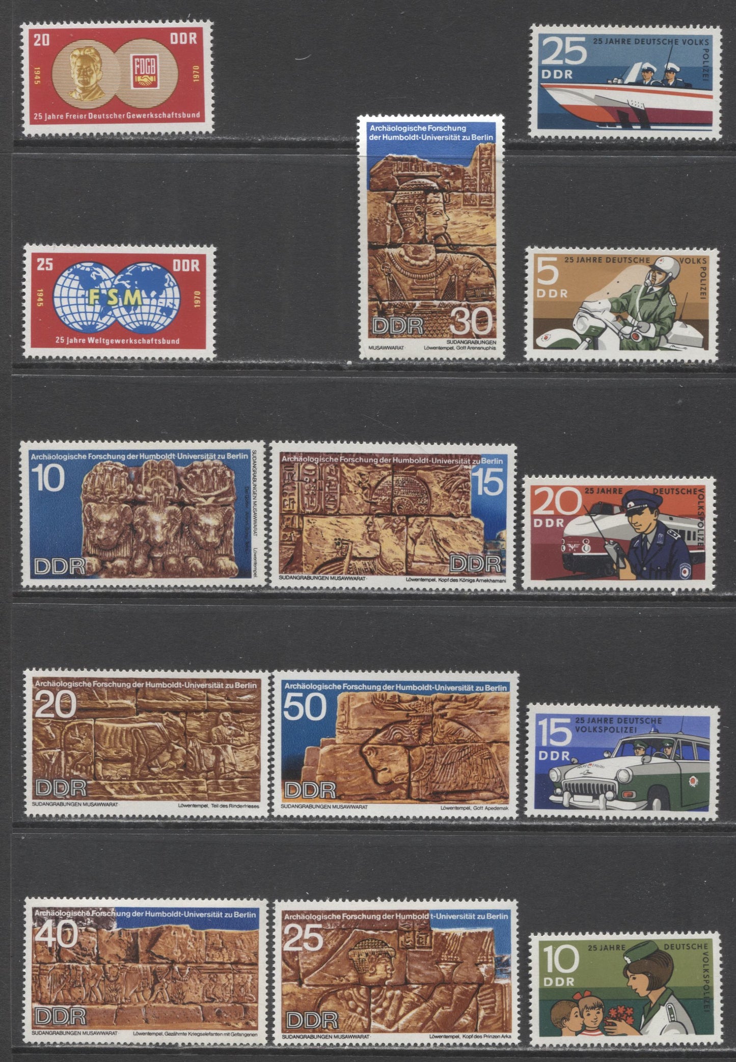 German Democratic Republic Mi#1577 (1208)-1590 (1221) 1970 Free German Trade Union - Archaeological Work In Sudan Issues, 14 VFNH Singles, Click on Listing to See ALL Pictures, Estimated Value $7