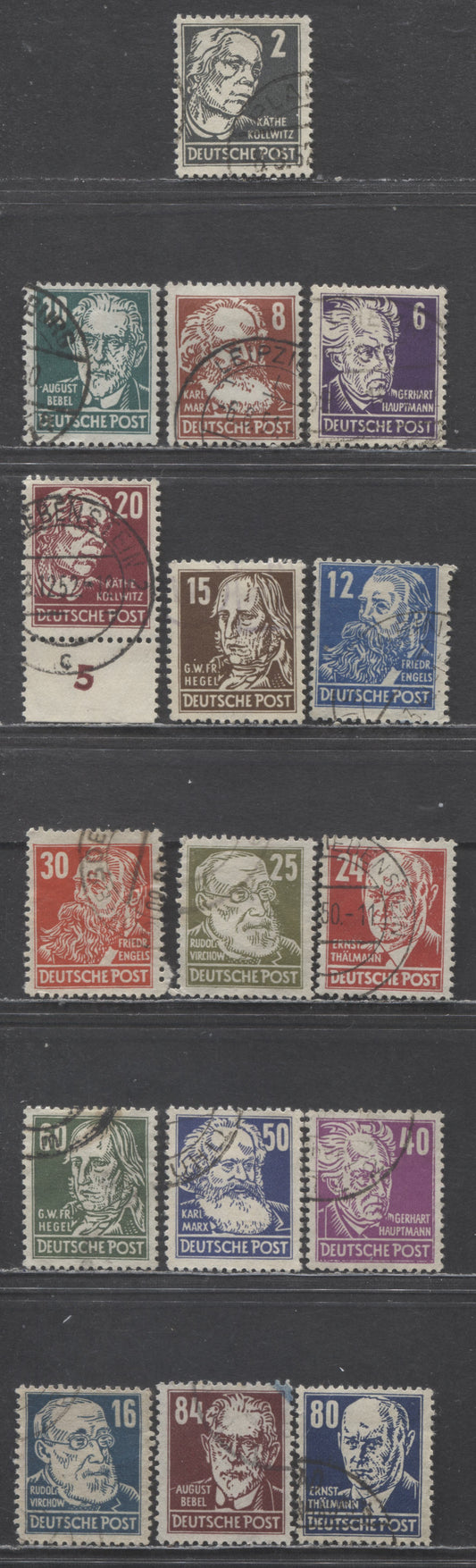 German Democratic Republic Mi#212a (10N29)-227a (10N44) 1948 Portraits Issue, Multiple Rosettes Wmks, 15 Very Fine Used Singles, Click on Listing to See ALL Pictures, Estimated Value $25