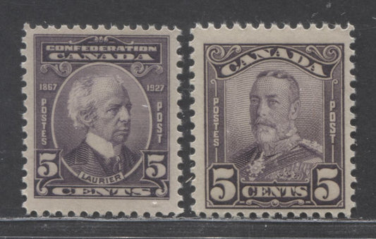 Canada #144, 153 5c Violet, Deep Violet Laurier, King George V, 1927 60th Anniversary Of Confederation & 1928-1929 King George V Scroll Issues, 2 FNH Singles
