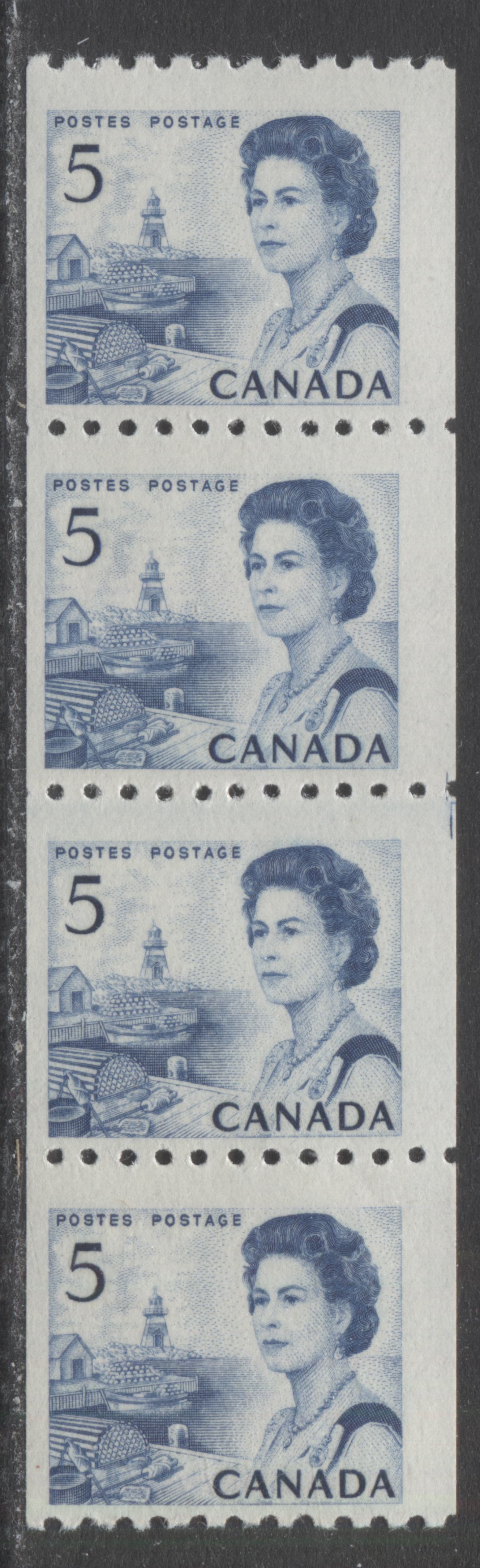 Lot 44 Canada #468 5c Light Blue Queen Elizabeth II, 1967-1973 Centennials, A VFNH Coil Strip Of 4 On Off-White DF2 Paper With Smooth Dex Gum, Dark Blue On Off-White Under UV, Cutting Guideline In Right Margin