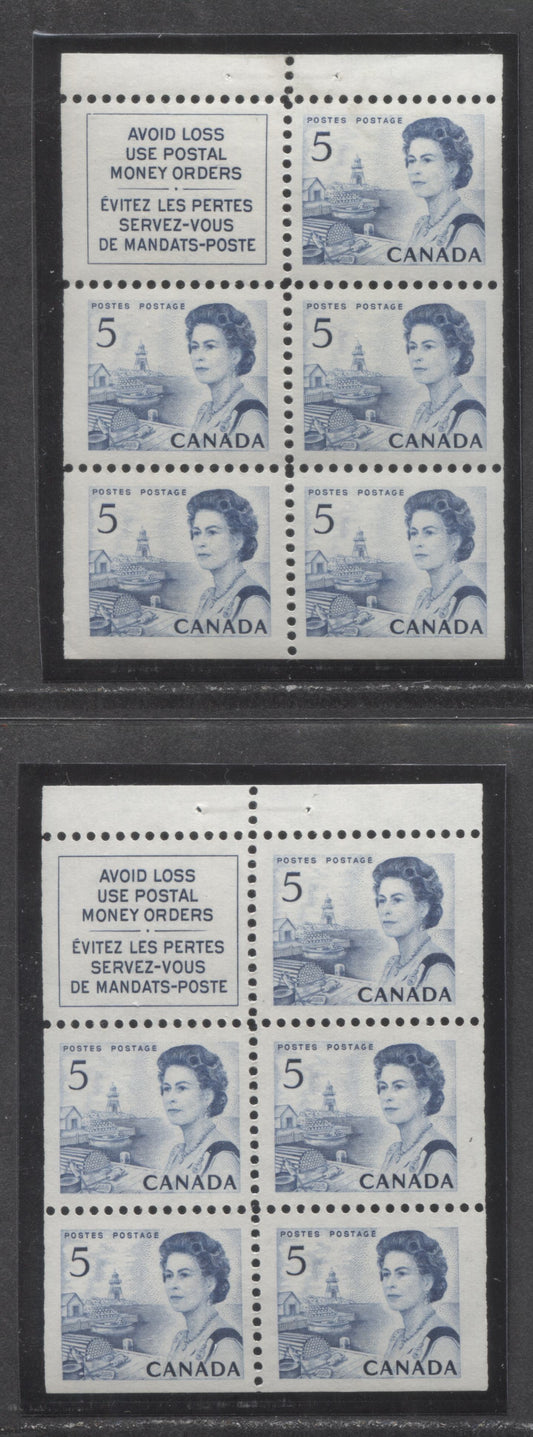 Lot 5 Canada #458a 5c Light Blue Queen Elizabeth II, 1967-1973 Centennials, 2 VFNH Booklet Panes Of 5+Label On Off-White NF Paper With Smooth & Streaky Dex Gum, Dark Blue On Cream On UV