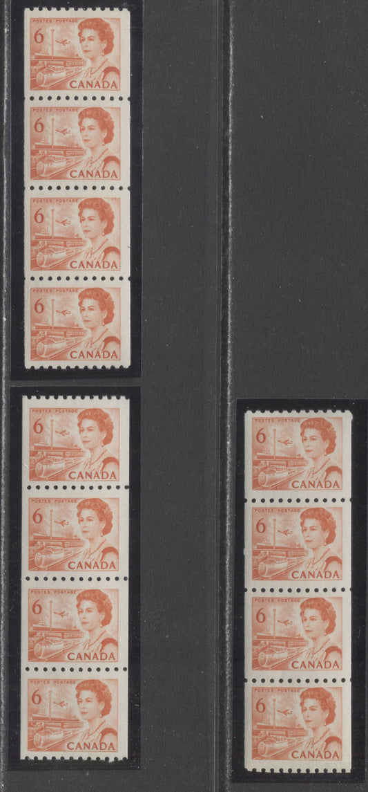 Lot 52 Canada #468A 6c Orange Queen Elizabeth II, 1967-1973 Centennials, 3 VFNH Coil Strips Of 4 On Off-White DF1 & DF2 Papers With Smooth Dex Gum, Brown On Ivory/Light Brown On Light Ivory/Dark Orange On Grayish Under UV