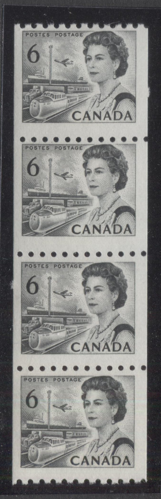 Lot 56 Canada #468B 6c Black Queen Elizabeth II, 1967-1973 Centennials, A VFNH Coil Strip Of 4 On Bright White HB11 Paper With Smooth Dex Gum, Black On Bluish White Under UV, Wide Spacing Between 2/3