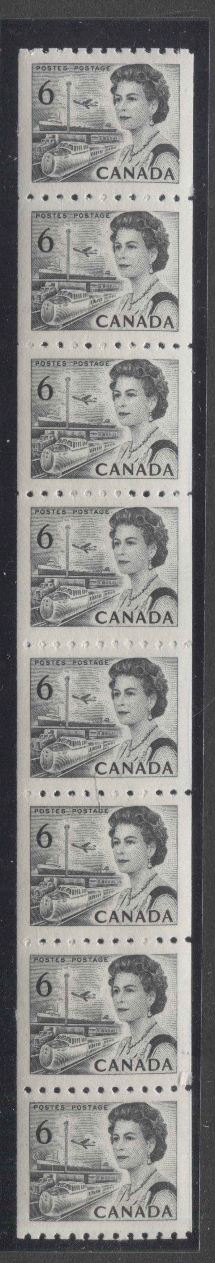 Lot 57 Canada #468B 6c Grayish Black Queen Elizabeth II, 1967-1973 Centennials, A VFNH Coil Strip Of 8 On Bright White HB11 Paper With Smooth Dex Gum, Black On Bluish White Under UV, Wide Spacing 4/5