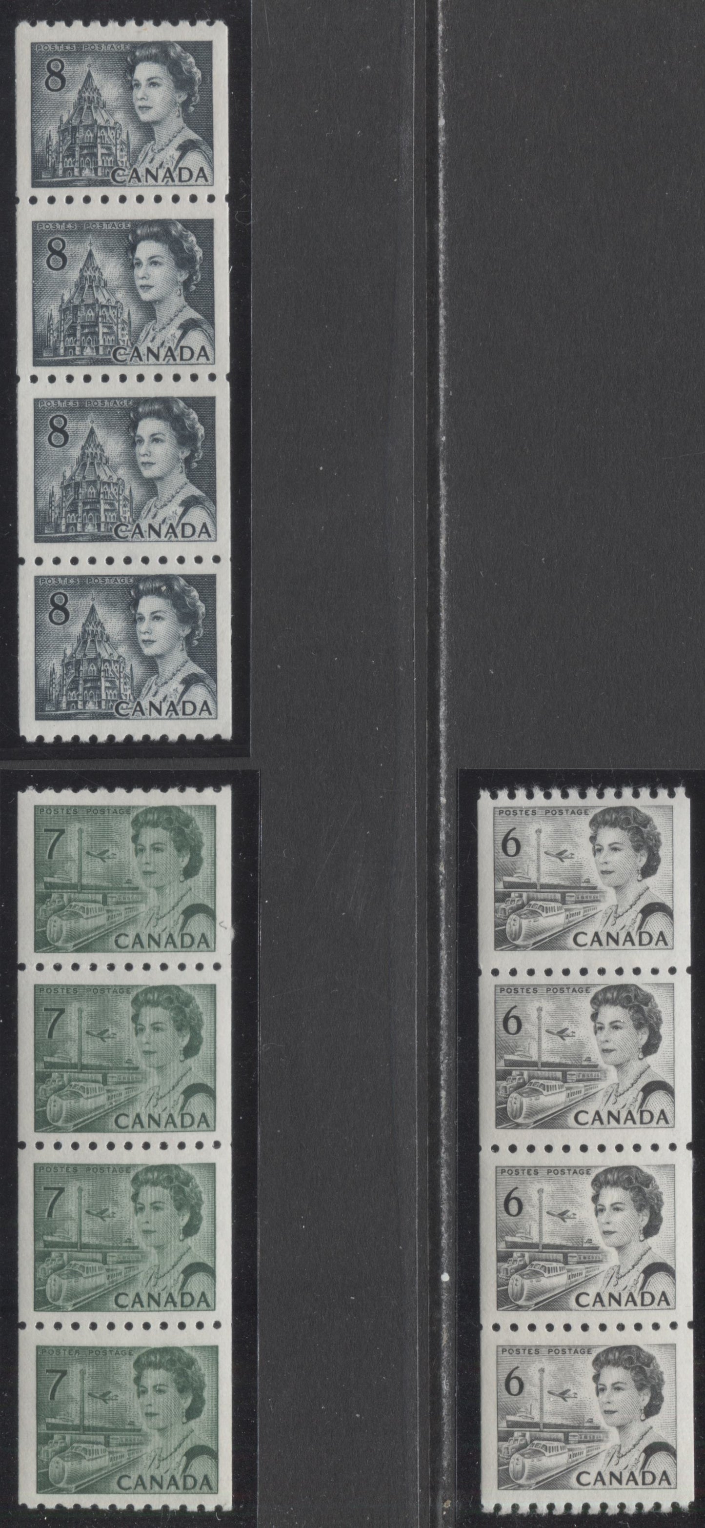 Lot 58 Canada #468B-550 6c-8c Gray Black-Slate Queen Elizabeth II, 1967-1973 Centennials, 3 VFNH Coil Strips Of 4 On Bright White HB10 & F5 Papers With Smooth Dex & PVA Gums, Black On Bluish White/Blackish Green On Light Blue/Slate On White Under UV